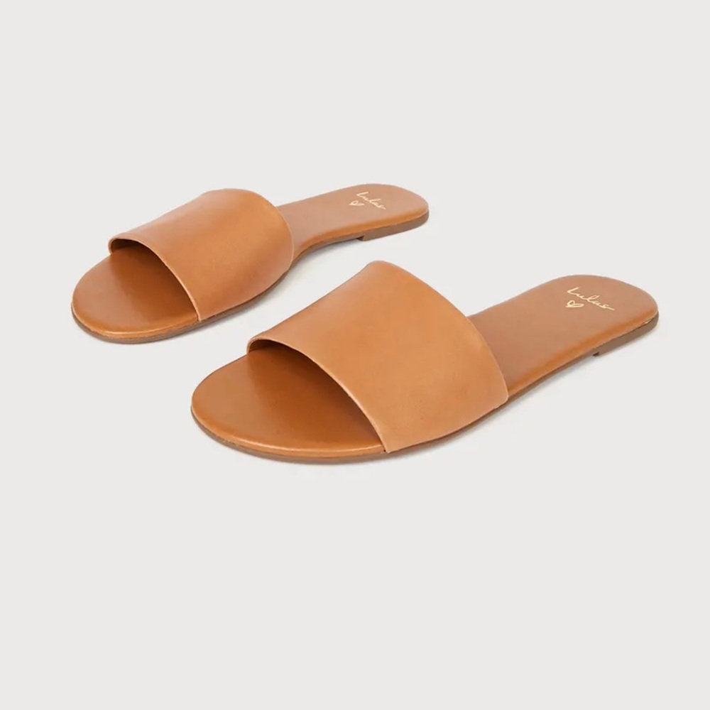 Lulus Tara Cognac Nappa Leather Slide Sandals Size 8